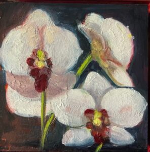 Orchideeën, 14 x 14, olieverf op paneel, 2023